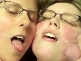 Fat lady in glasses takes cum in her face and